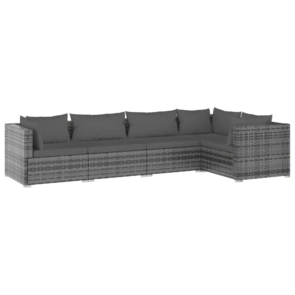 5-piece garden lounge set with cushions poly rattan grey