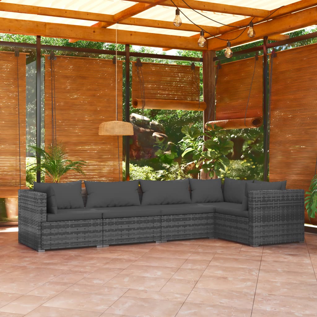 5-piece garden lounge set with cushions poly rattan grey