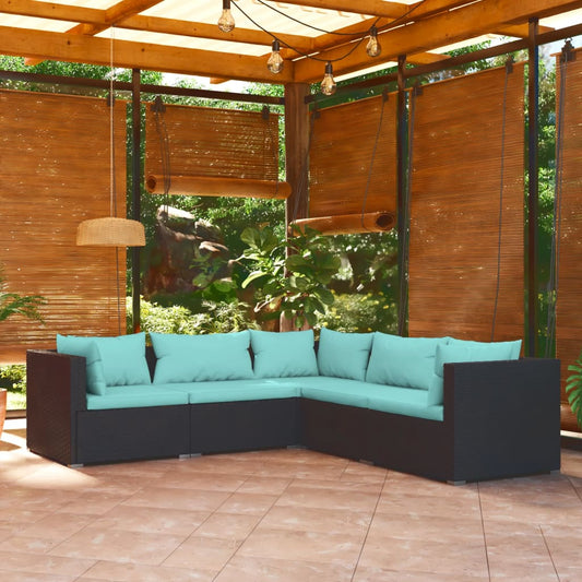 5-piece garden lounge set with cushions poly rattan black