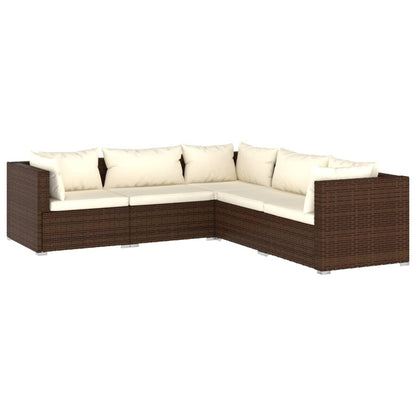 5-piece garden lounge set with cushions poly rattan brown