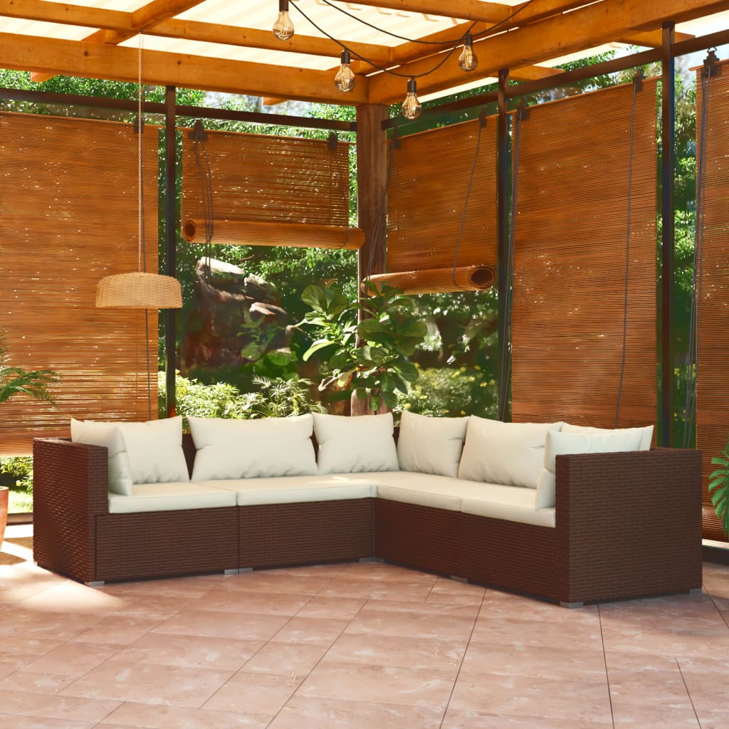 5-piece garden lounge set with cushions poly rattan brown