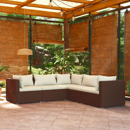 5-piece garden lounge set with cushions poly rattan brown