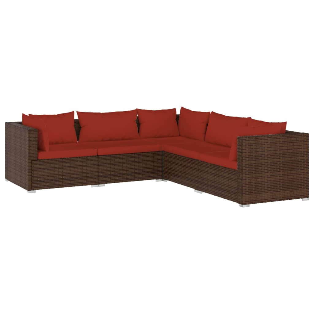 5-piece garden lounge set with cushions poly rattan brown