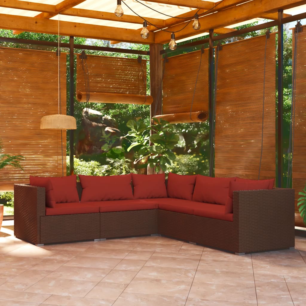 5-piece garden lounge set with cushions poly rattan brown