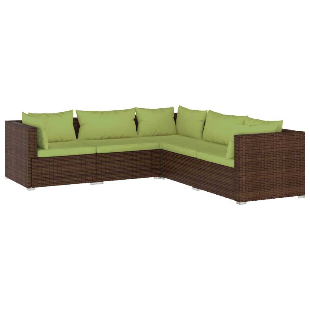 5-piece garden lounge set with cushions poly rattan brown