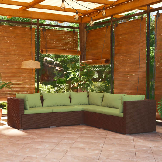5-piece garden lounge set with cushions poly rattan brown