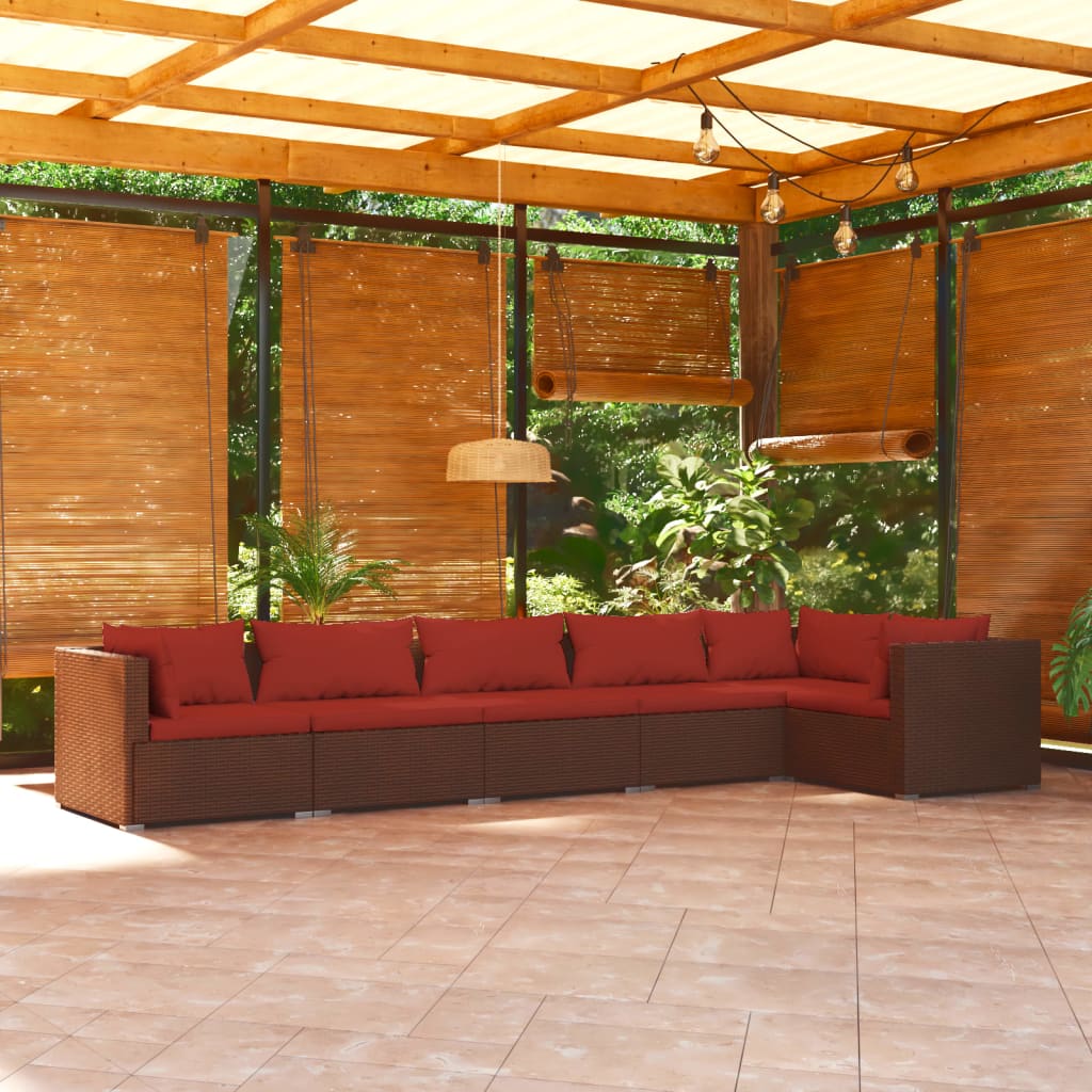6-piece garden lounge set with cushions poly rattan brown