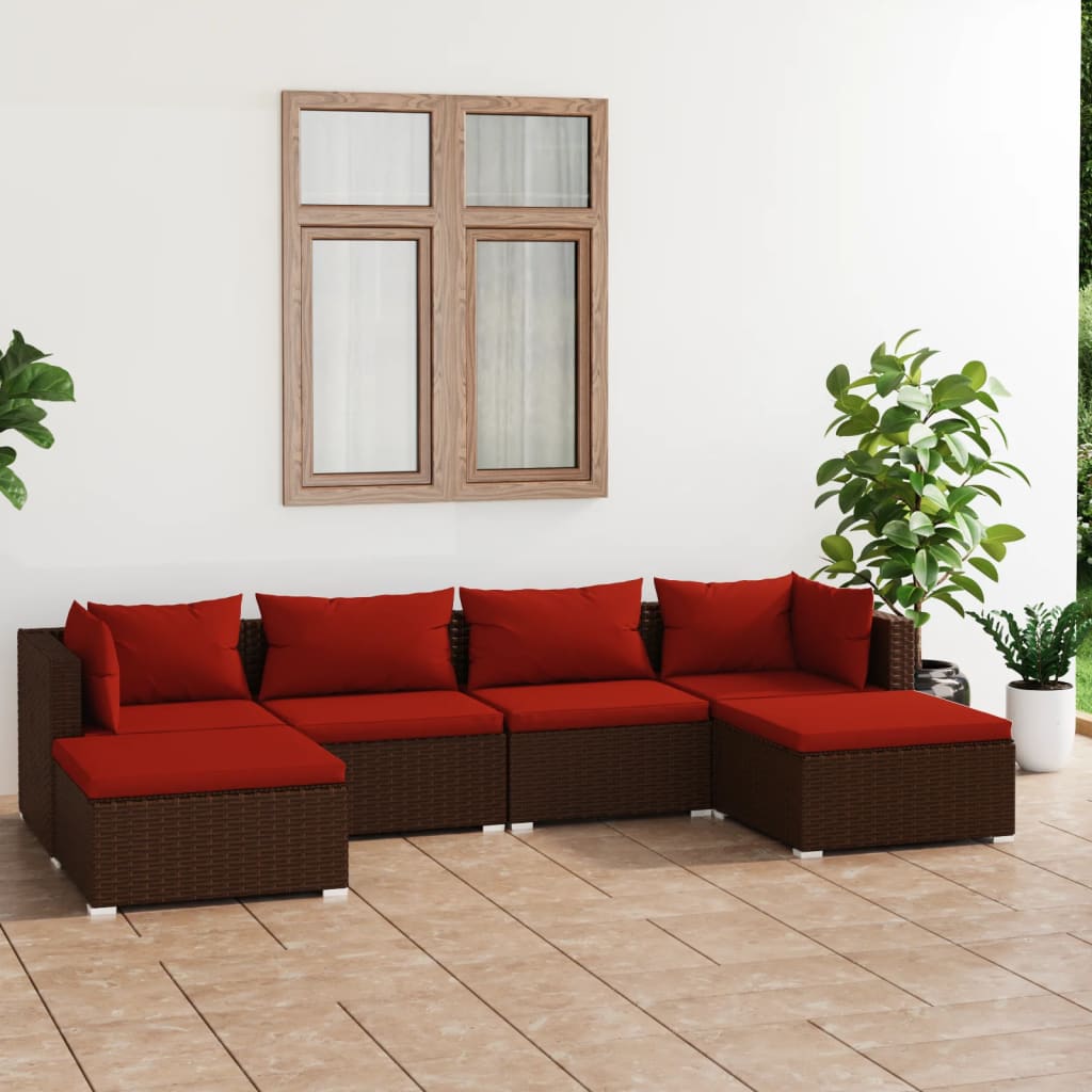 6-tlg. Garten-Lounge-Set mit Auflagen Poly Rattan Braun