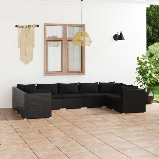 9-piece garden lounge set with cushions poly rattan black