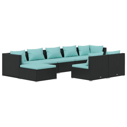 9-piece garden lounge set with cushions black poly rattan