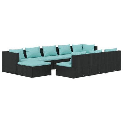 10-piece garden lounge set with cushions black poly rattan