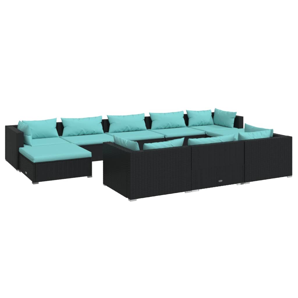 10-piece garden lounge set with cushions black poly rattan