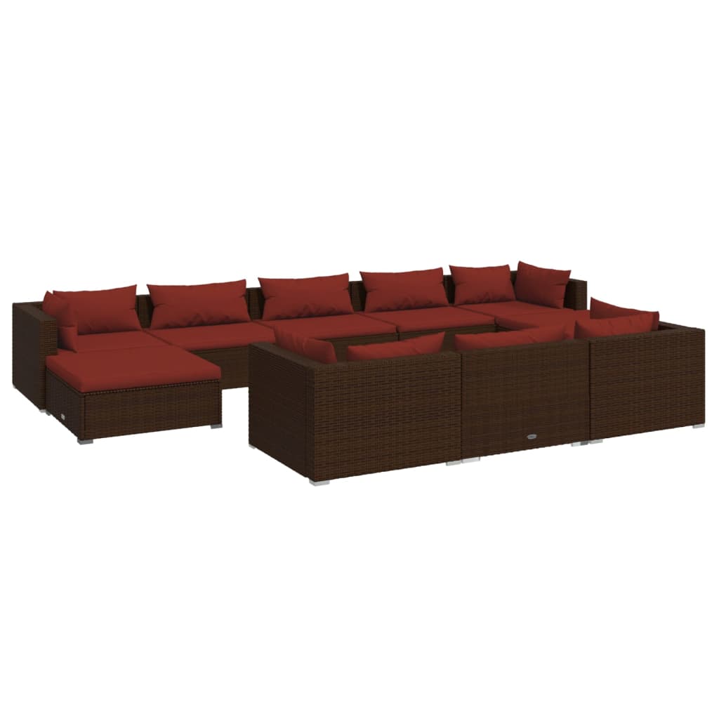 10-piece garden lounge set with cushions brown poly rattan