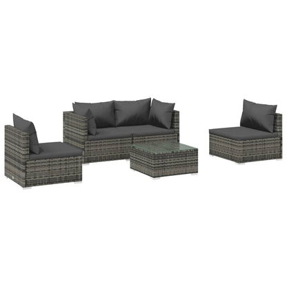 5-piece garden lounge set with cushions poly rattan grey