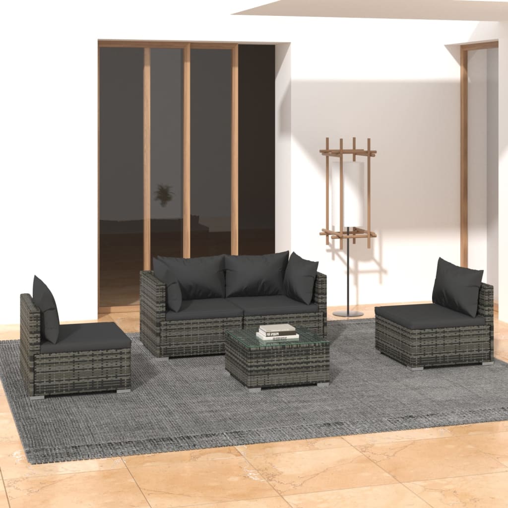 5-piece garden lounge set with cushions poly rattan grey