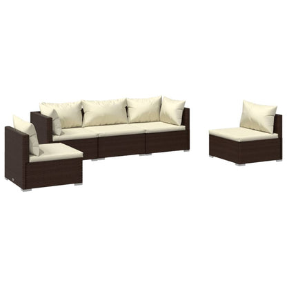 5-piece garden lounge set with cushions poly rattan brown