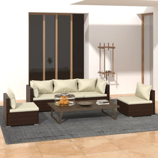 5-piece garden lounge set with cushions poly rattan brown