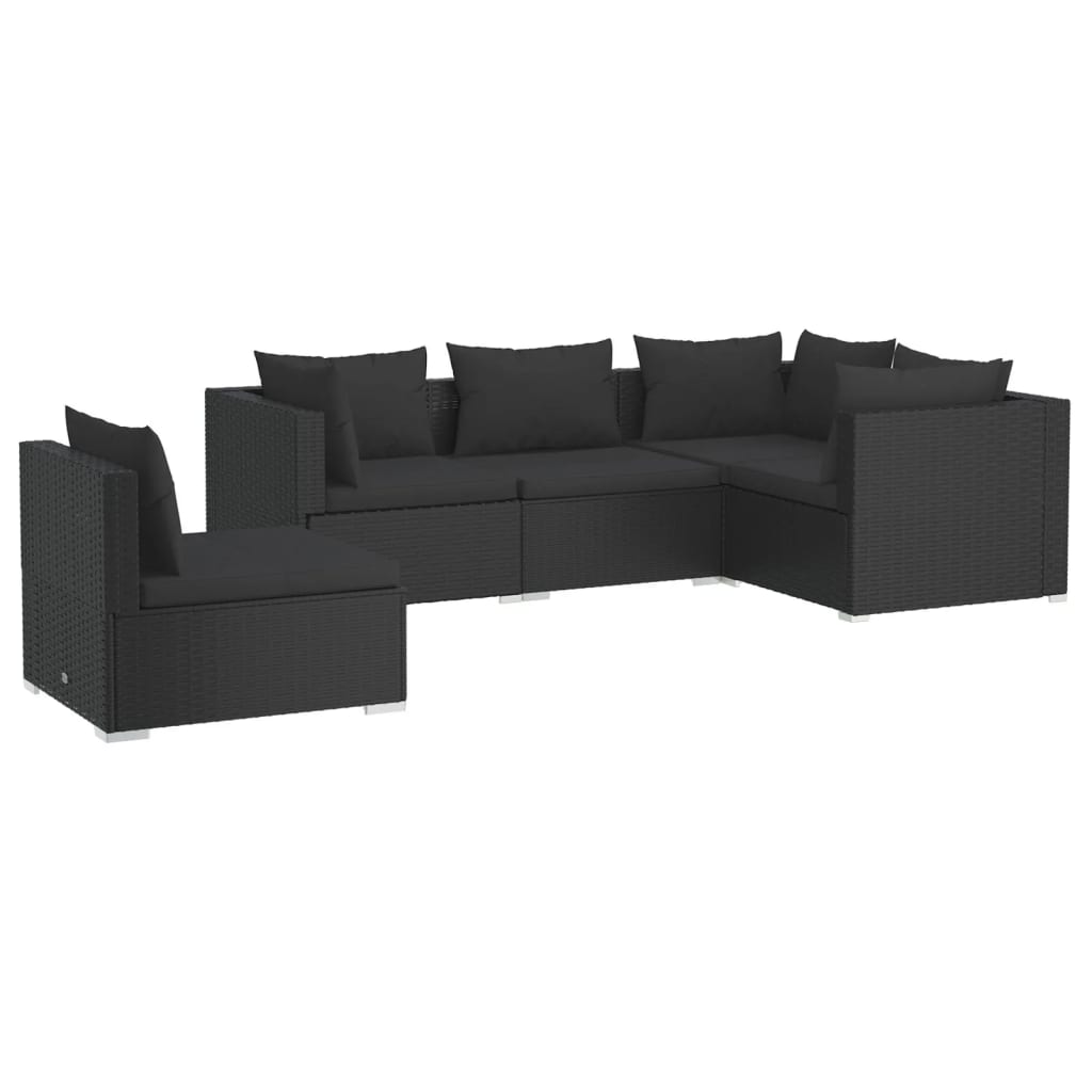 5-piece garden lounge set with cushions poly rattan black