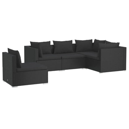 5-piece garden lounge set with cushions poly rattan black