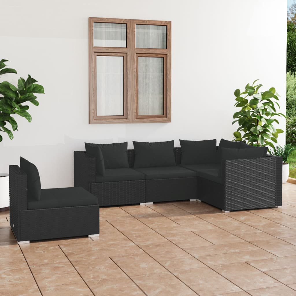 5-piece garden lounge set with cushions poly rattan black