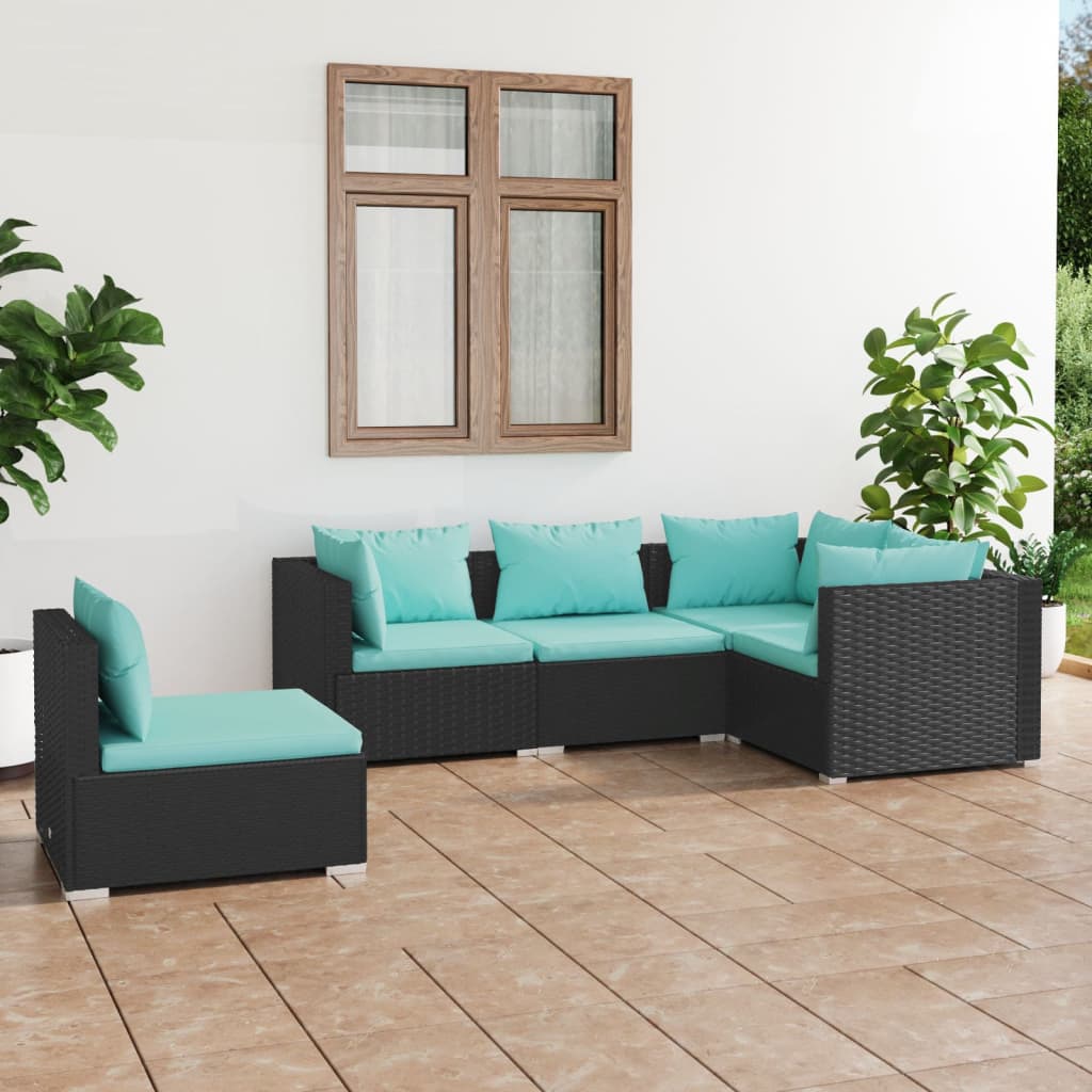 5-piece garden lounge set with cushions poly rattan black