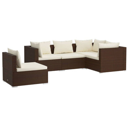 5-piece garden lounge set with cushions poly rattan brown