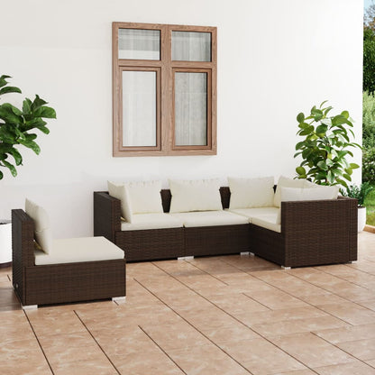 5-piece garden lounge set with cushions poly rattan brown