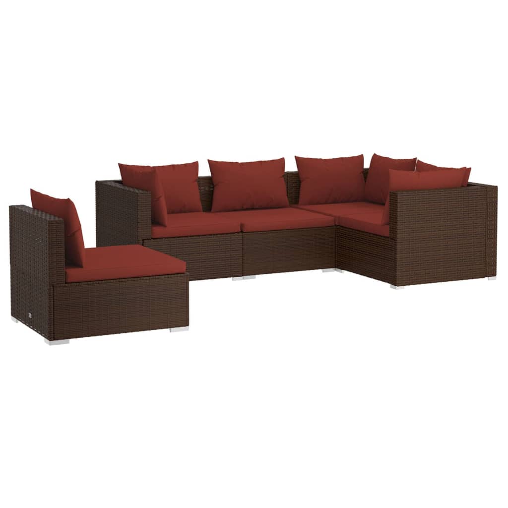 5-piece garden lounge set with cushions poly rattan brown