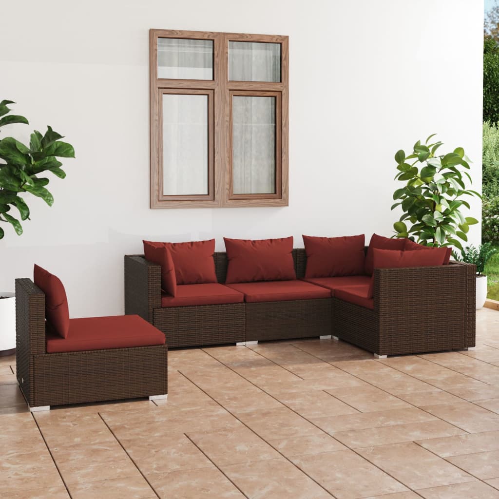 5-piece garden lounge set with cushions poly rattan brown