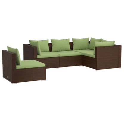 5-piece garden lounge set with cushions poly rattan brown