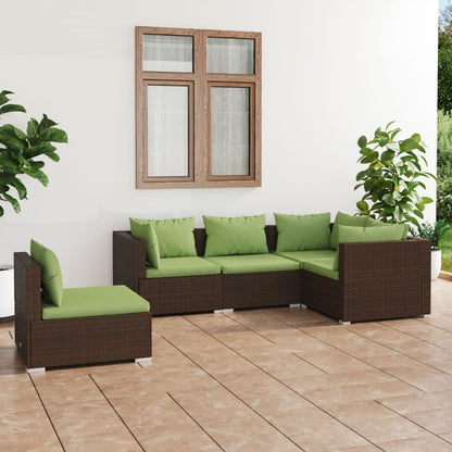 5-piece garden lounge set with cushions poly rattan brown