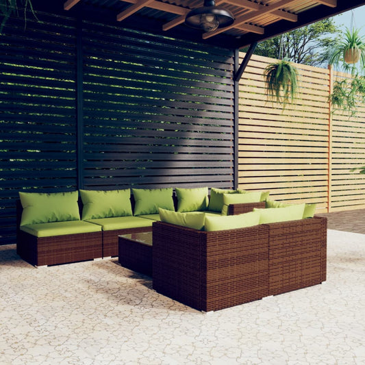 8-piece garden lounge set with cushions brown poly rattan