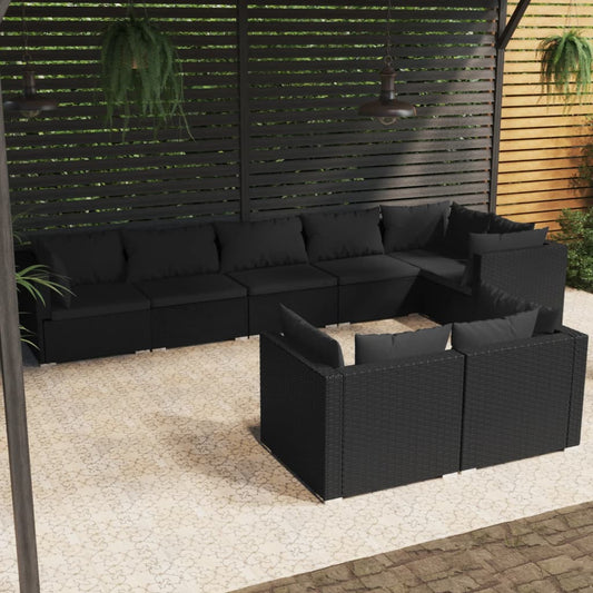 8-piece garden lounge set with cushions black poly rattan
