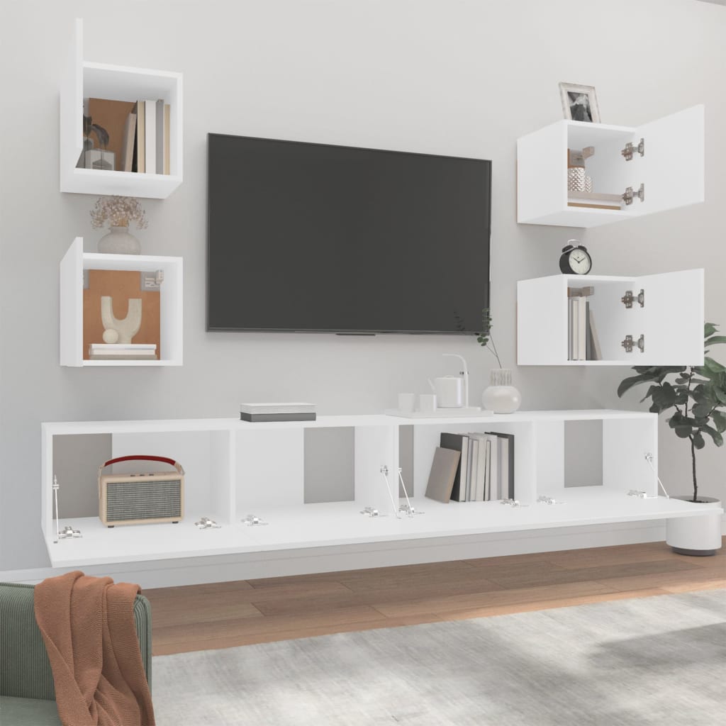 6-piece TV cabinet set white wood material