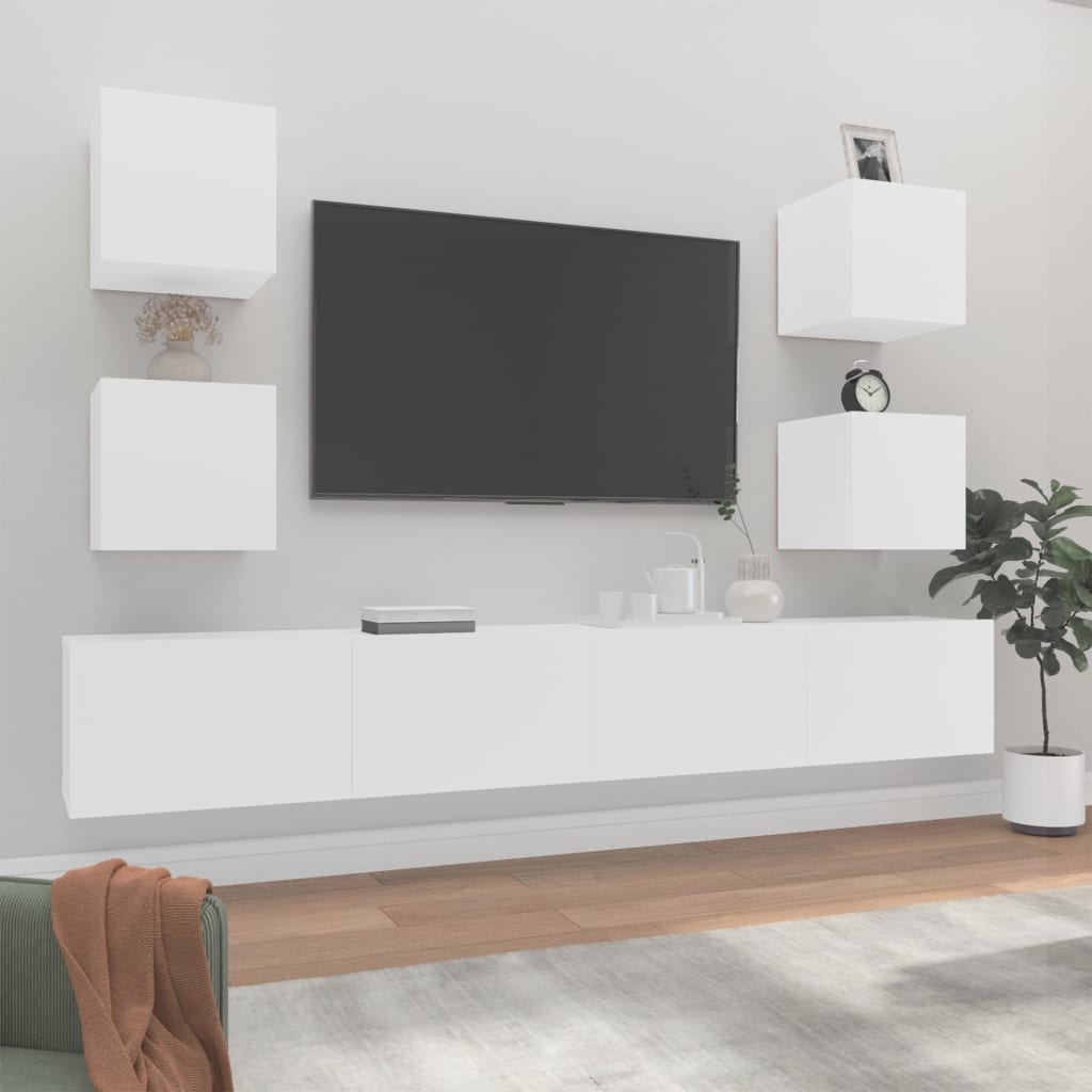 6-piece TV cabinet set white wood material