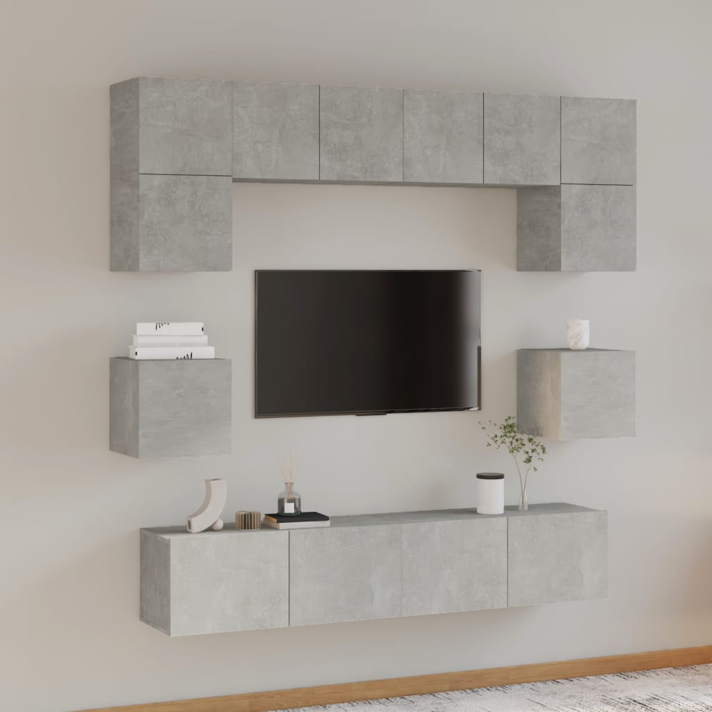8-piece TV cabinet set concrete grey wood material