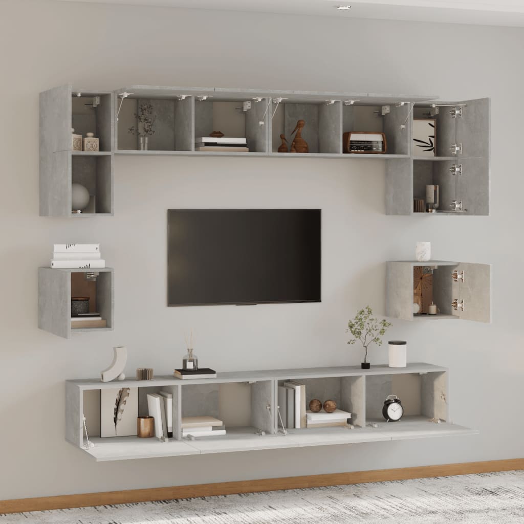 8-piece TV cabinet set concrete grey wood material