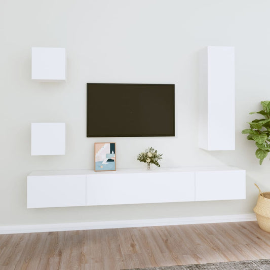 5-piece TV cabinet set white wood material