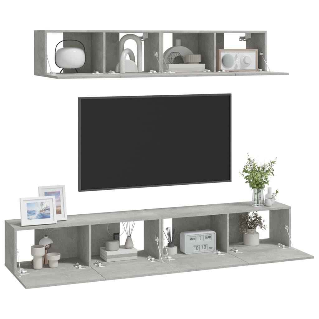 4-piece TV cabinet set concrete grey wood material