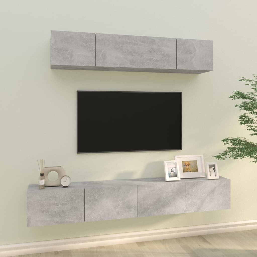 4-piece TV cabinet set concrete grey wood material