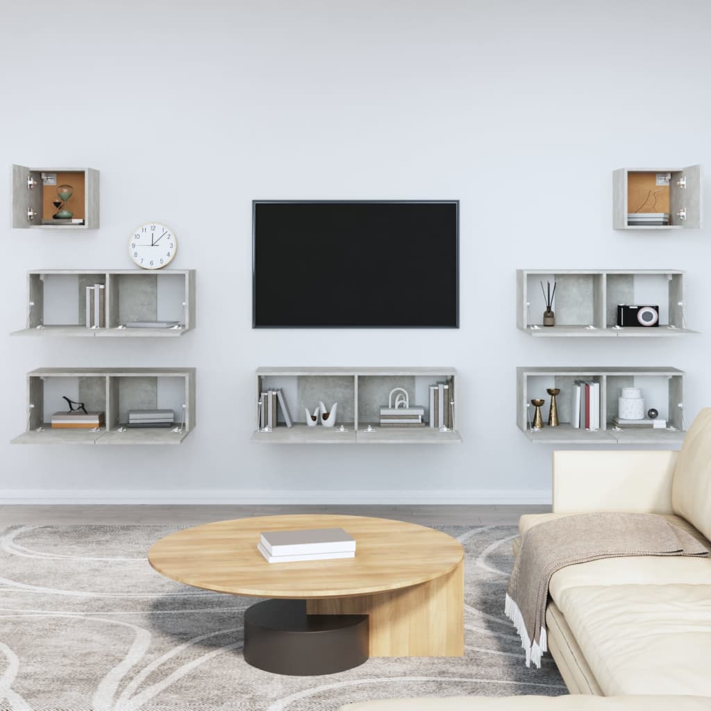 7-piece TV cabinet set concrete grey wood material