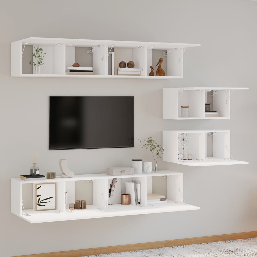 6-piece TV cabinet set white wood material