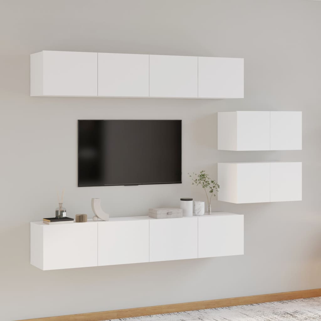 6-piece TV cabinet set white wood material