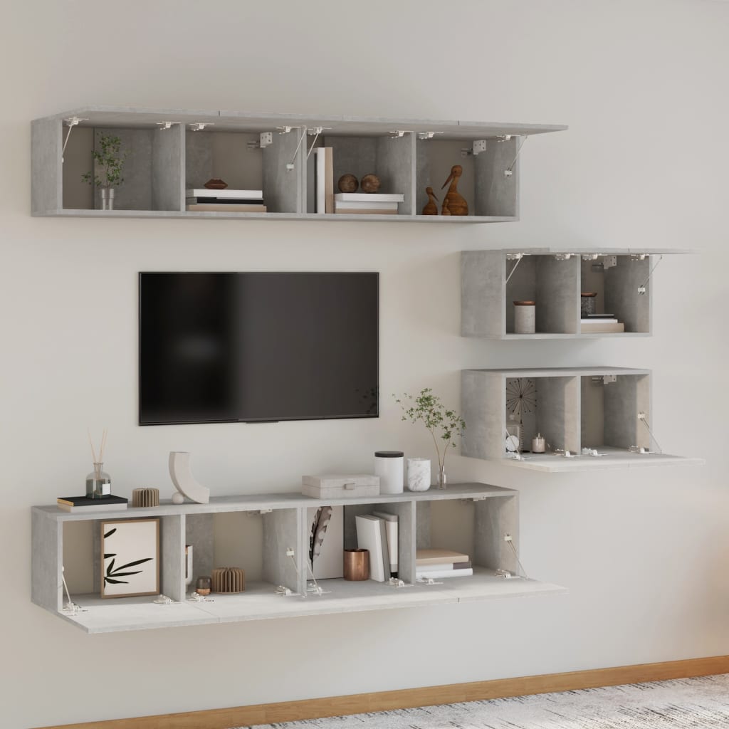 6-piece TV cabinet set concrete grey wood material