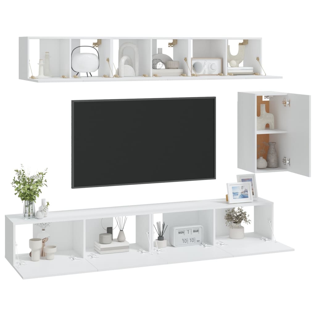 6-piece TV cabinet set white wood material