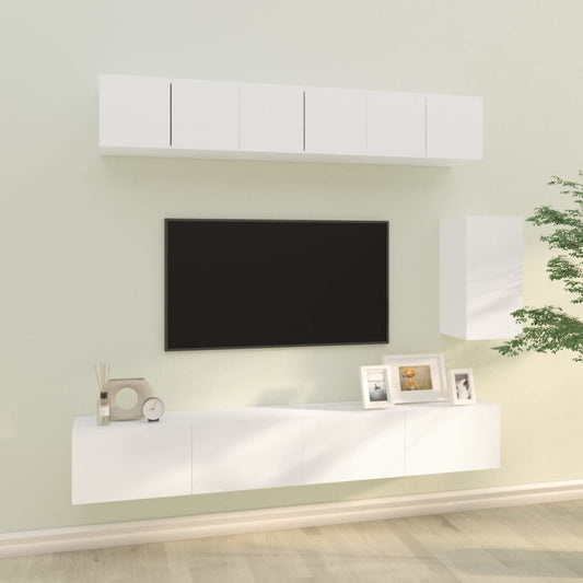 6-piece TV cabinet set white wood material