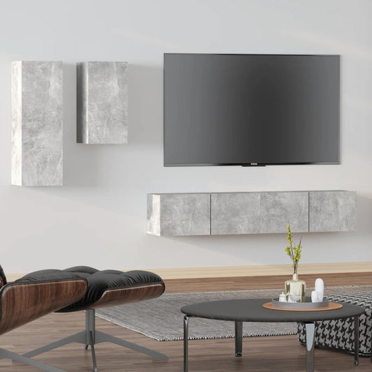4-piece TV cabinet set concrete grey wood material