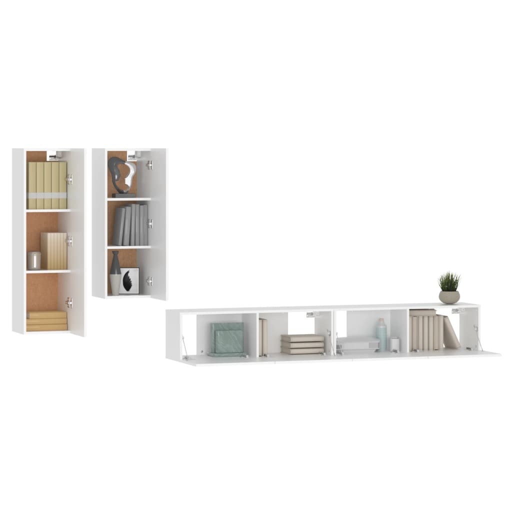 4-piece TV cabinet set white wood material