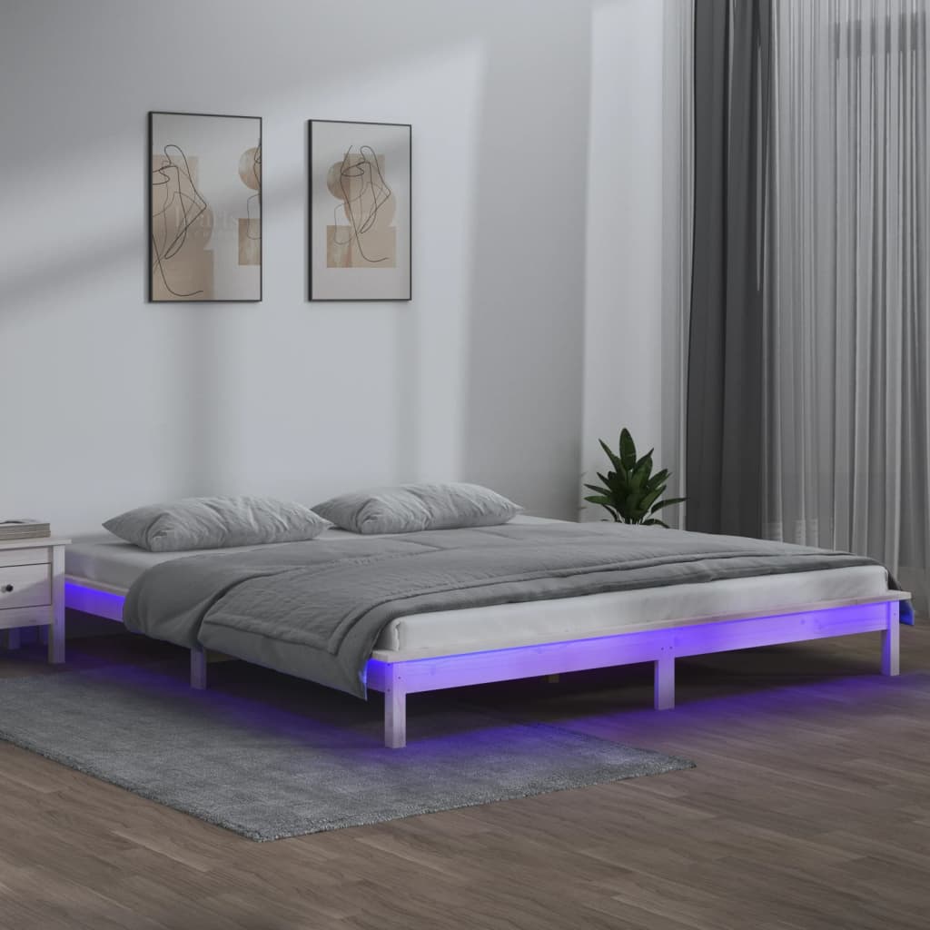 Solid wood bed with LED lighting white 160x200 cm