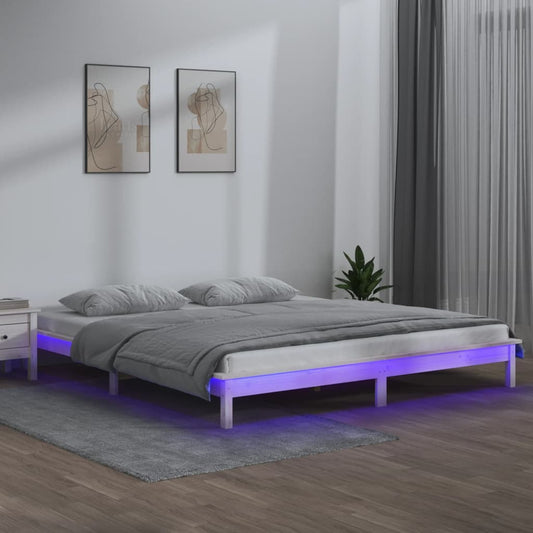 Solid wood bed with LED lighting white 160x200 cm